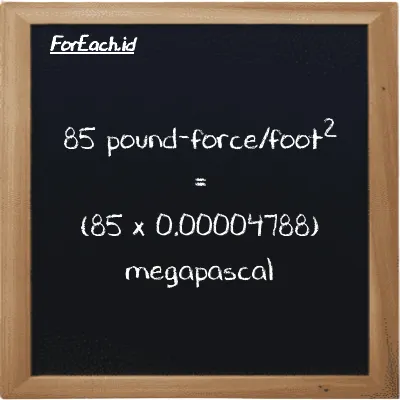 How to convert pound-force/foot<sup>2</sup> to megapascal: 85 pound-force/foot<sup>2</sup> (lbf/ft<sup>2</sup>) is equivalent to 85 times 0.00004788 megapascal (MPa)